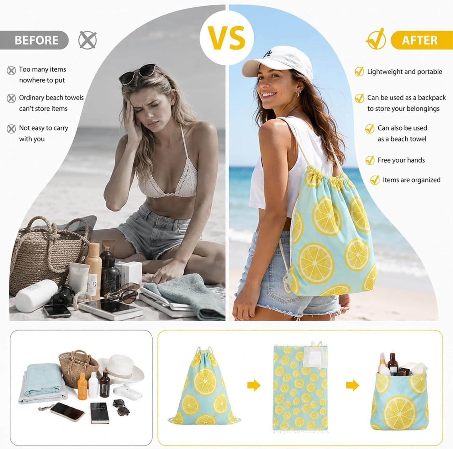 🏖️🏊‍♀️2‑in‑1 Convertible Beach Towel & Drawstring Backpack