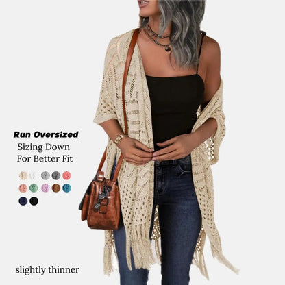 🥳2026 HOT SALE🥳💞50K+ SOLD!☕🧘‍♀️Women Oversized Knit Cardigan OpenFront Crochet Tassel Lightweight Kimono Sweater Spring Summer