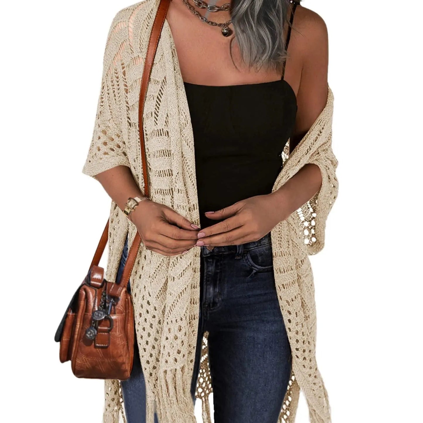 🥳2026 HOT SALE🥳💞50K+ SOLD!☕🧘‍♀️Women Oversized Knit Cardigan OpenFront Crochet Tassel Lightweight Kimono Sweater Spring Summer