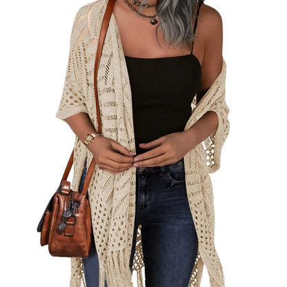 🥳2026 HOT SALE🥳💞50K+ SOLD!☕🧘‍♀️Women Oversized Knit Cardigan OpenFront Crochet Tassel Lightweight Kimono Sweater Spring Summer