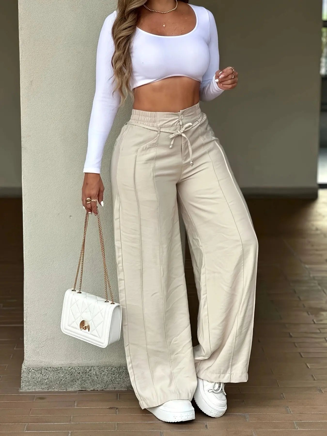 2026 New Women's Wide-Leg Pants, Seam Detail, High Waist Elastic Waist Trousers