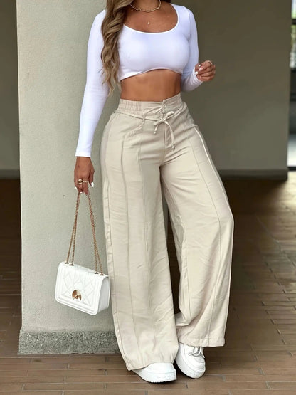 2026 New Women's Wide-Leg Pants, Seam Detail, High Waist Elastic Waist Trousers