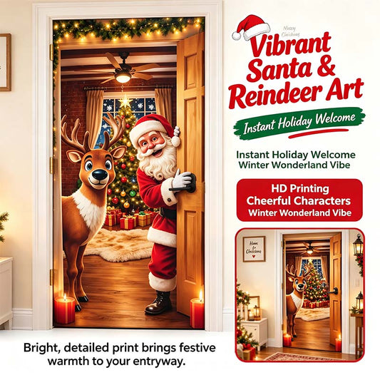 Kerstdeurovertrek - Stretch Deurdecoratie met Kerstman & Rendier met Elastische Randen aan 4 Zijden🎅