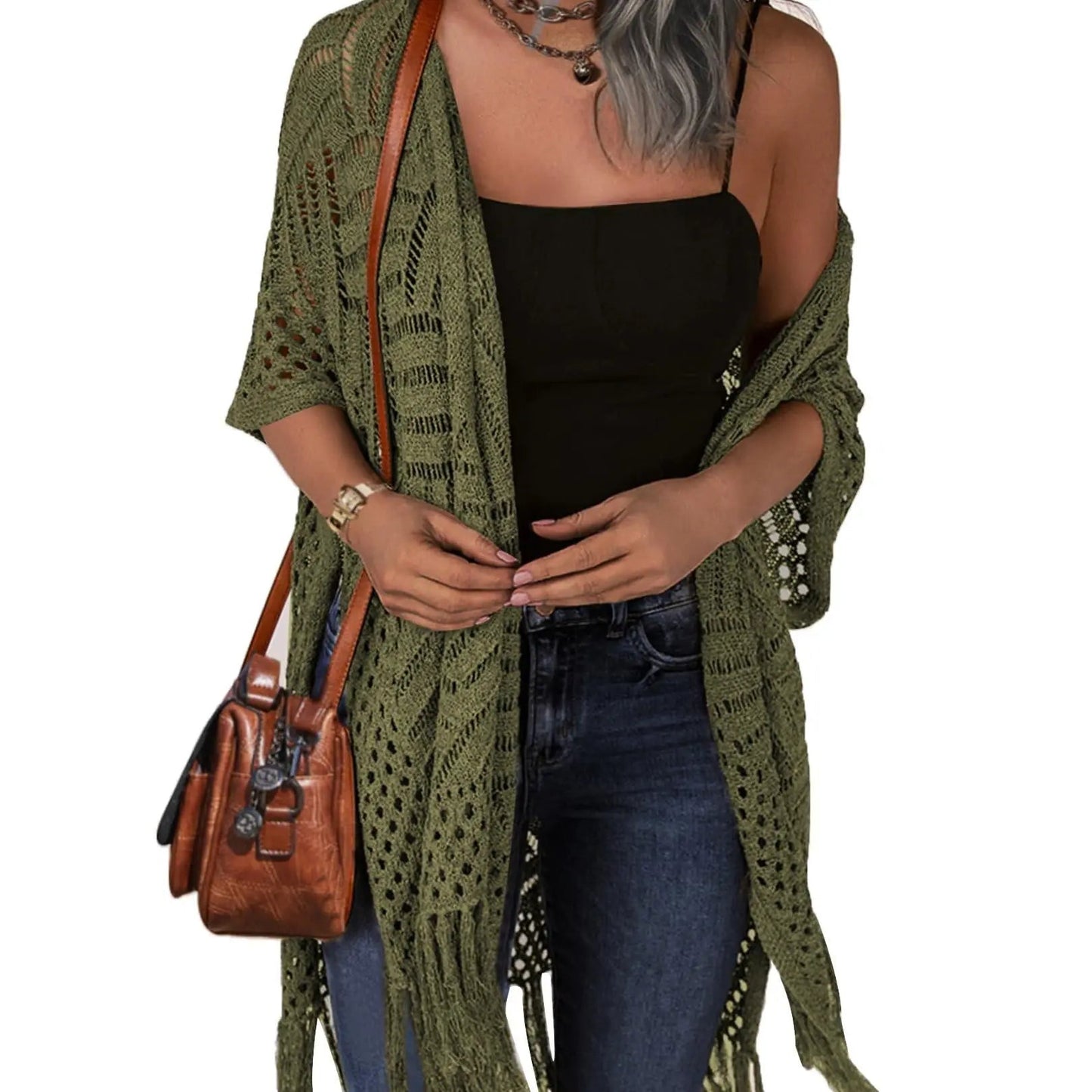 🥳2026 HOT SALE🥳💞50K+ SOLD!☕🧘‍♀️Women Oversized Knit Cardigan OpenFront Crochet Tassel Lightweight Kimono Sweater Spring Summer