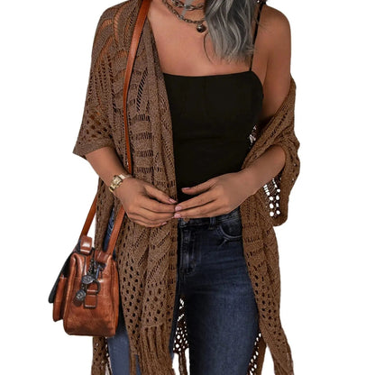 🥳2026 HOT SALE🥳💞50K+ SOLD!☕🧘‍♀️Women Oversized Knit Cardigan OpenFront Crochet Tassel Lightweight Kimono Sweater Spring Summer