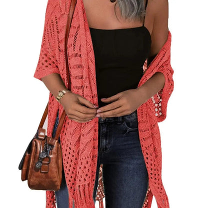 🥳2026 HOT SALE🥳💞50K+ SOLD!☕🧘‍♀️Women Oversized Knit Cardigan OpenFront Crochet Tassel Lightweight Kimono Sweater Spring Summer