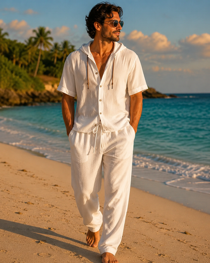 Men’s lightweight two-piece set with a hood, casual vacation style, loose and breathable thin fabric, hooded sweatshirt and wide-leg pants, for summer wear