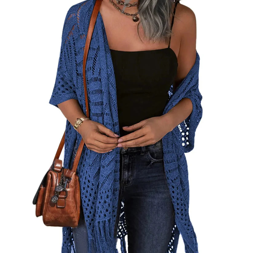 🥳2026 HOT SALE🥳💞50K+ SOLD!☕🧘‍♀️Women Oversized Knit Cardigan OpenFront Crochet Tassel Lightweight Kimono Sweater Spring Summer