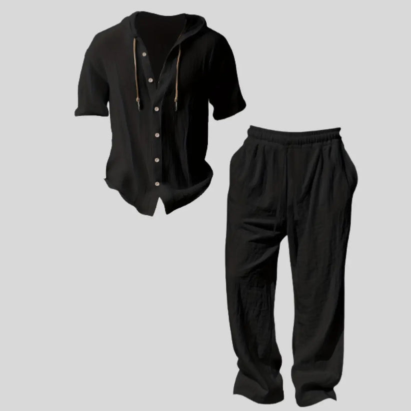 Men’s lightweight two-piece set with a hood, casual vacation style, loose and breathable thin fabric, hooded sweatshirt and wide-leg pants, for summer wear