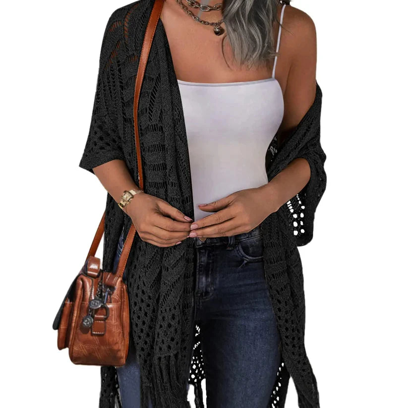 🥳2026 HOT SALE🥳💞50K+ SOLD!☕🧘‍♀️Women Oversized Knit Cardigan OpenFront Crochet Tassel Lightweight Kimono Sweater Spring Summer