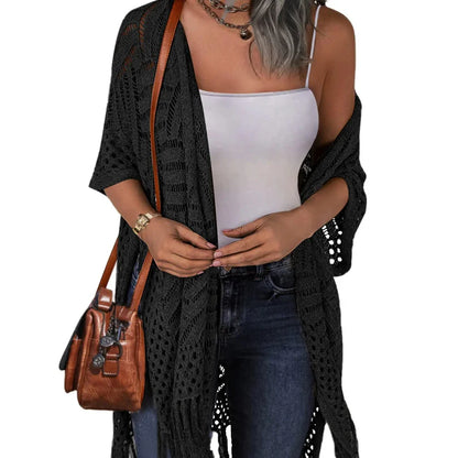 🥳2026 HOT SALE🥳💞50K+ SOLD!☕🧘‍♀️Women Oversized Knit Cardigan OpenFront Crochet Tassel Lightweight Kimono Sweater Spring Summer