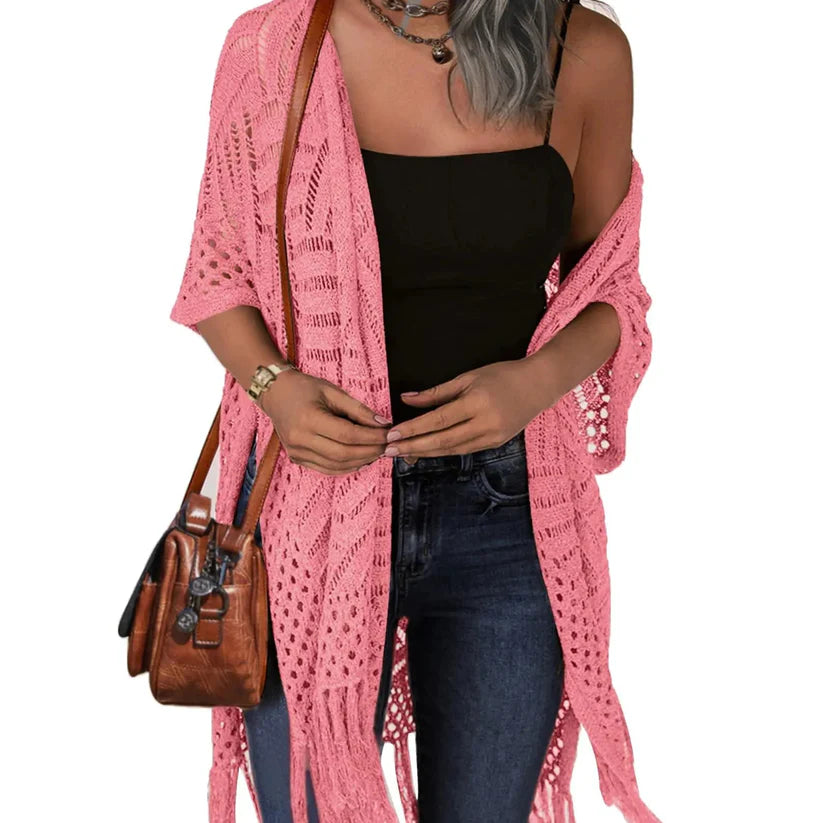 🥳2026 HOT SALE🥳💞50K+ SOLD!☕🧘‍♀️Women Oversized Knit Cardigan OpenFront Crochet Tassel Lightweight Kimono Sweater Spring Summer