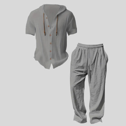 Men’s lightweight two-piece set with a hood, casual vacation style, loose and breathable thin fabric, hooded sweatshirt and wide-leg pants, for summer wear