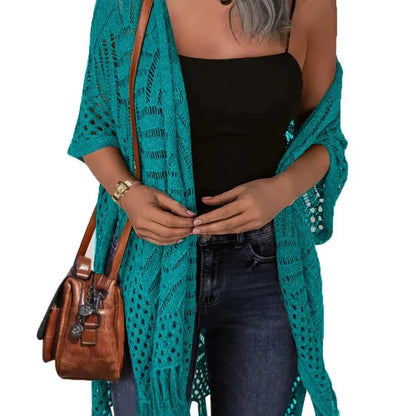 🥳2026 HOT SALE🥳💞50K+ SOLD!☕🧘‍♀️Women Oversized Knit Cardigan OpenFront Crochet Tassel Lightweight Kimono Sweater Spring Summer