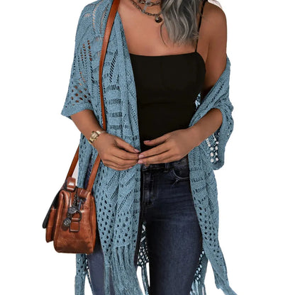 🥳2026 HOT SALE🥳💞50K+ SOLD!☕🧘‍♀️Women Oversized Knit Cardigan OpenFront Crochet Tassel Lightweight Kimono Sweater Spring Summer