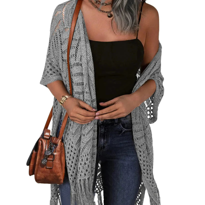 🥳2026 HOT SALE🥳💞50K+ SOLD!☕🧘‍♀️Women Oversized Knit Cardigan OpenFront Crochet Tassel Lightweight Kimono Sweater Spring Summer