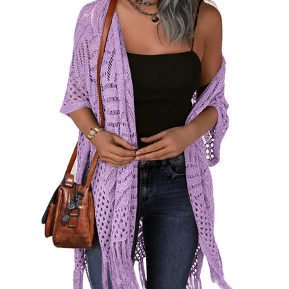 🥳2026 HOT SALE🥳💞50K+ SOLD!☕🧘‍♀️Women Oversized Knit Cardigan OpenFront Crochet Tassel Lightweight Kimono Sweater Spring Summer