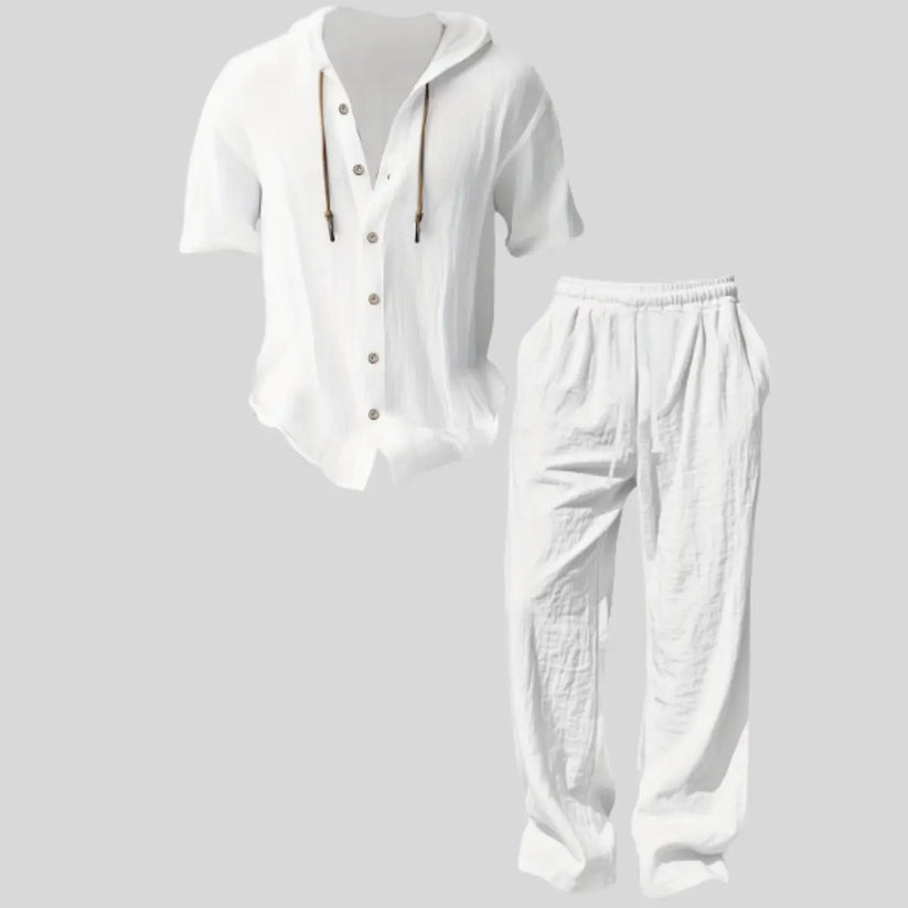 Men’s lightweight two-piece set with a hood, casual vacation style, loose and breathable thin fabric, hooded sweatshirt and wide-leg pants, for summer wear