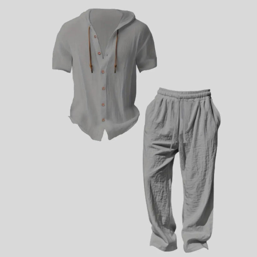 Men’s lightweight two-piece set with a hood, casual vacation style, loose and breathable thin fabric, hooded sweatshirt and wide-leg pants, for summer wear