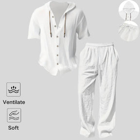 Men’s lightweight two-piece set with a hood, casual vacation style, loose and breathable thin fabric, hooded sweatshirt and wide-leg pants, for summer wear