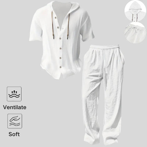 Men’s lightweight two-piece set with a hood, casual vacation style, loose and breathable thin fabric, hooded sweatshirt and wide-leg pants, for summer wear