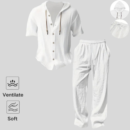 Men’s lightweight two-piece set with a hood, casual vacation style, loose and breathable thin fabric, hooded sweatshirt and wide-leg pants, for summer wear