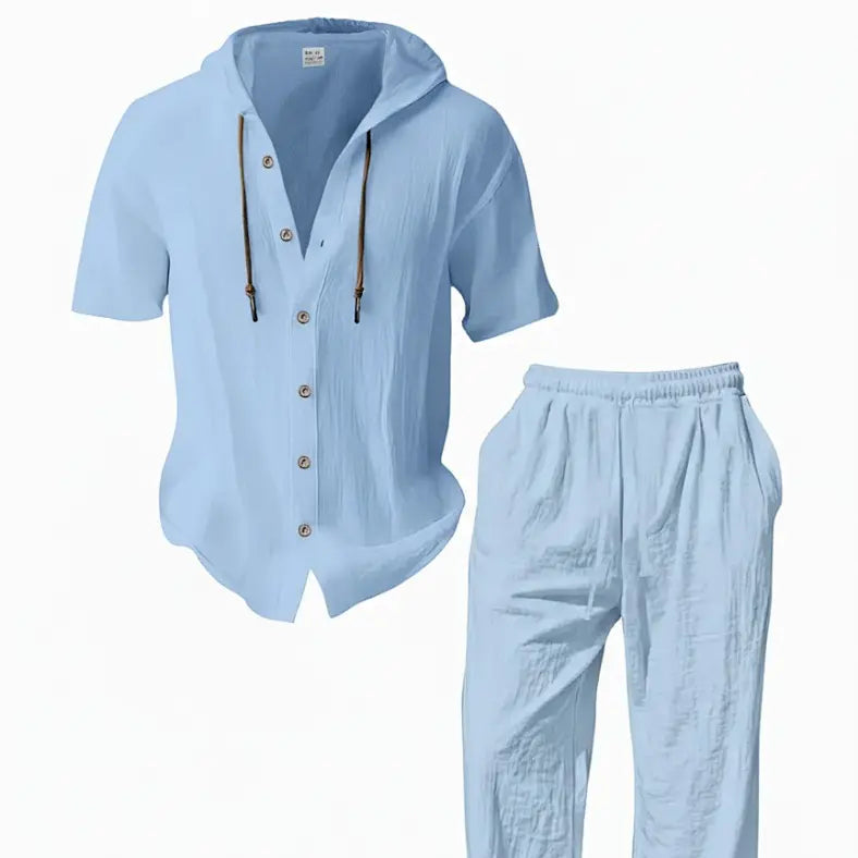 Men’s lightweight two-piece set with a hood, casual vacation style, loose and breathable thin fabric, hooded sweatshirt and wide-leg pants, for summer wear