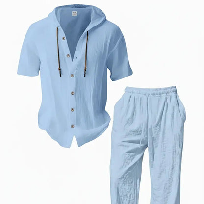 Men’s lightweight two-piece set with a hood, casual vacation style, loose and breathable thin fabric, hooded sweatshirt and wide-leg pants, for summer wear