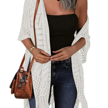 🥳2026 HOT SALE🥳💞50K+ SOLD!☕🧘‍♀️Women Oversized Knit Cardigan OpenFront Crochet Tassel Lightweight Kimono Sweater Spring Summer